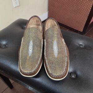 David X Brown Leather Loafers Stingray Embossed Slip On Shoes Men US 9